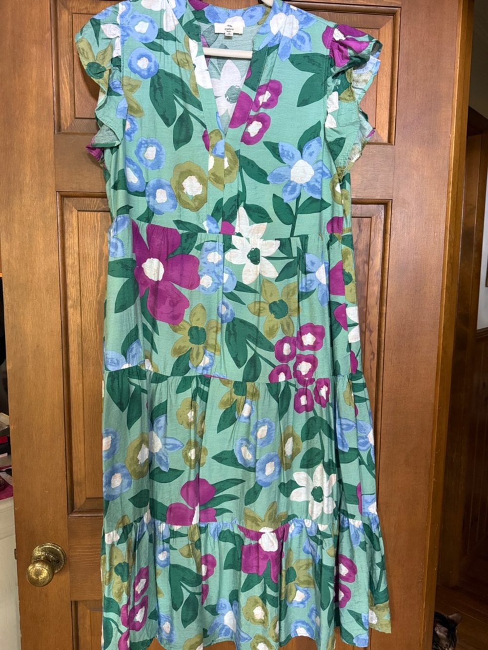entro Green Floral Dress with Purple and Blue Blooms